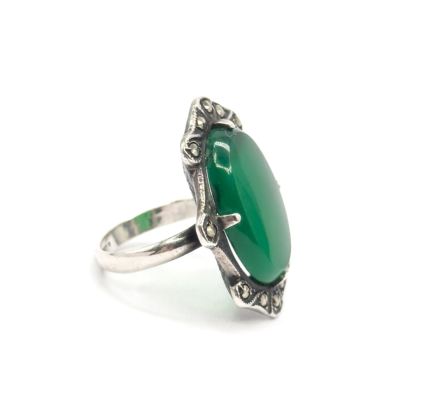 Art Deco Green Onyx & Marcasite Shield Ring in Sterling Silver