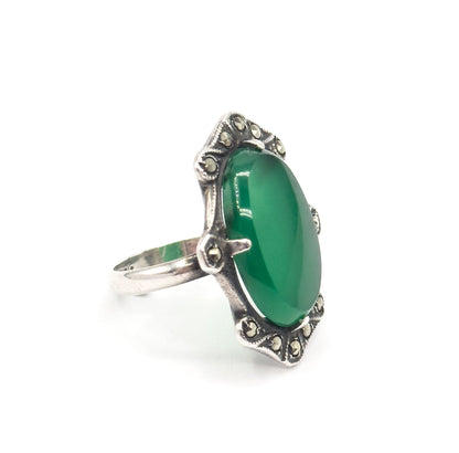 Art Deco Green Onyx & Marcasite Shield Ring in Sterling Silver