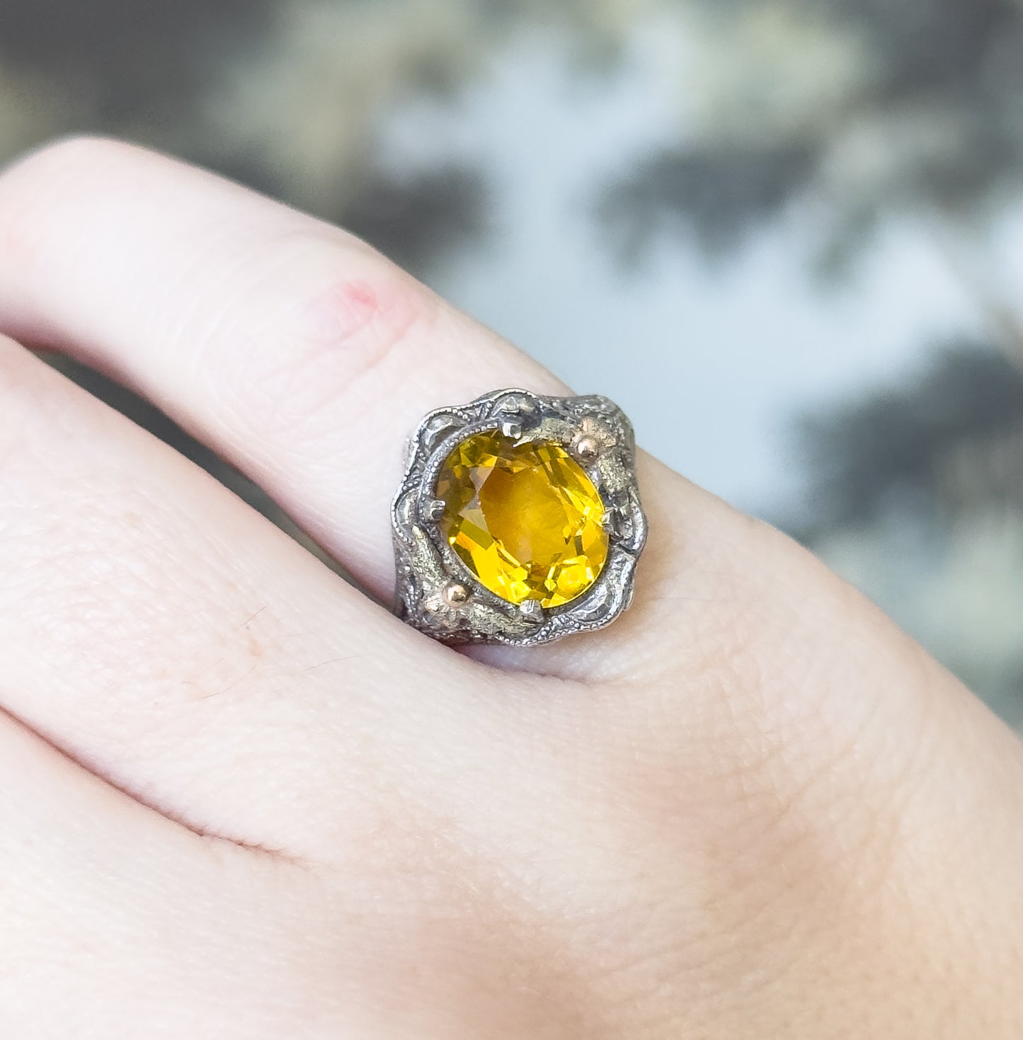 Mid-Century Golden Yellow Glass Ring in Sterling Silver