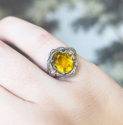 Mid-Century Golden Yellow Glass Ring in Sterling Silver