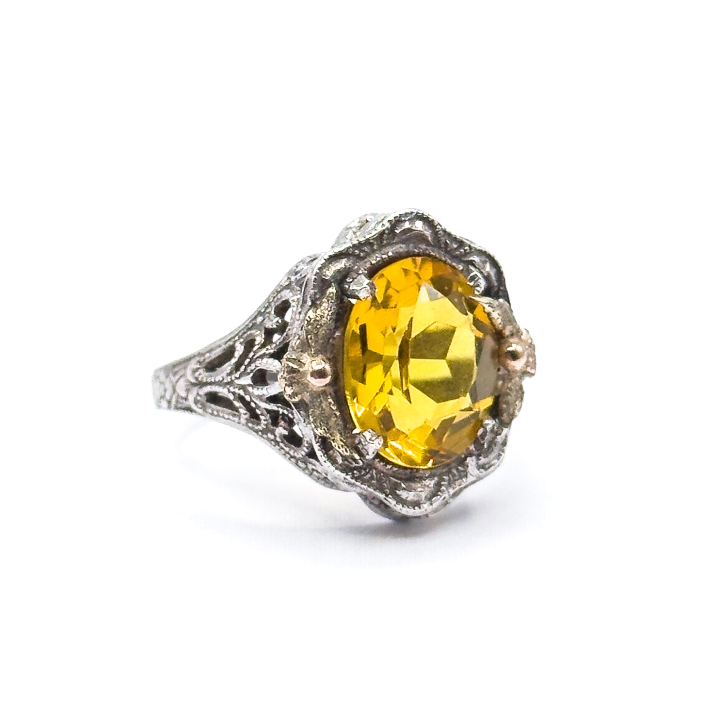 Mid-Century Golden Yellow Glass Ring in Sterling Silver