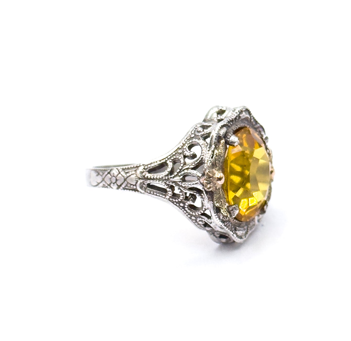 Mid-Century Golden Yellow Glass Ring in Sterling Silver