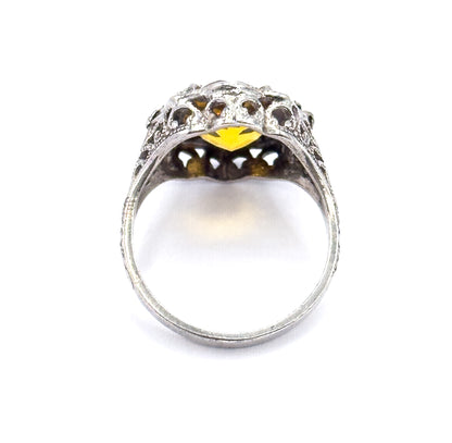 Mid-Century Golden Yellow Glass Ring in Sterling Silver