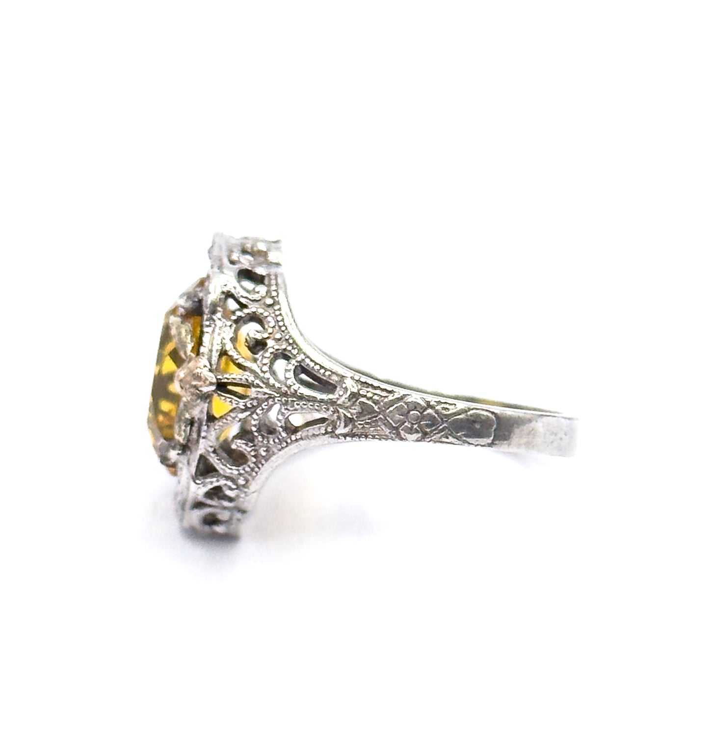 Mid-Century Golden Yellow Glass Ring in Sterling Silver