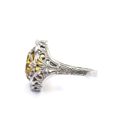 Mid-Century Golden Yellow Glass Ring in Sterling Silver