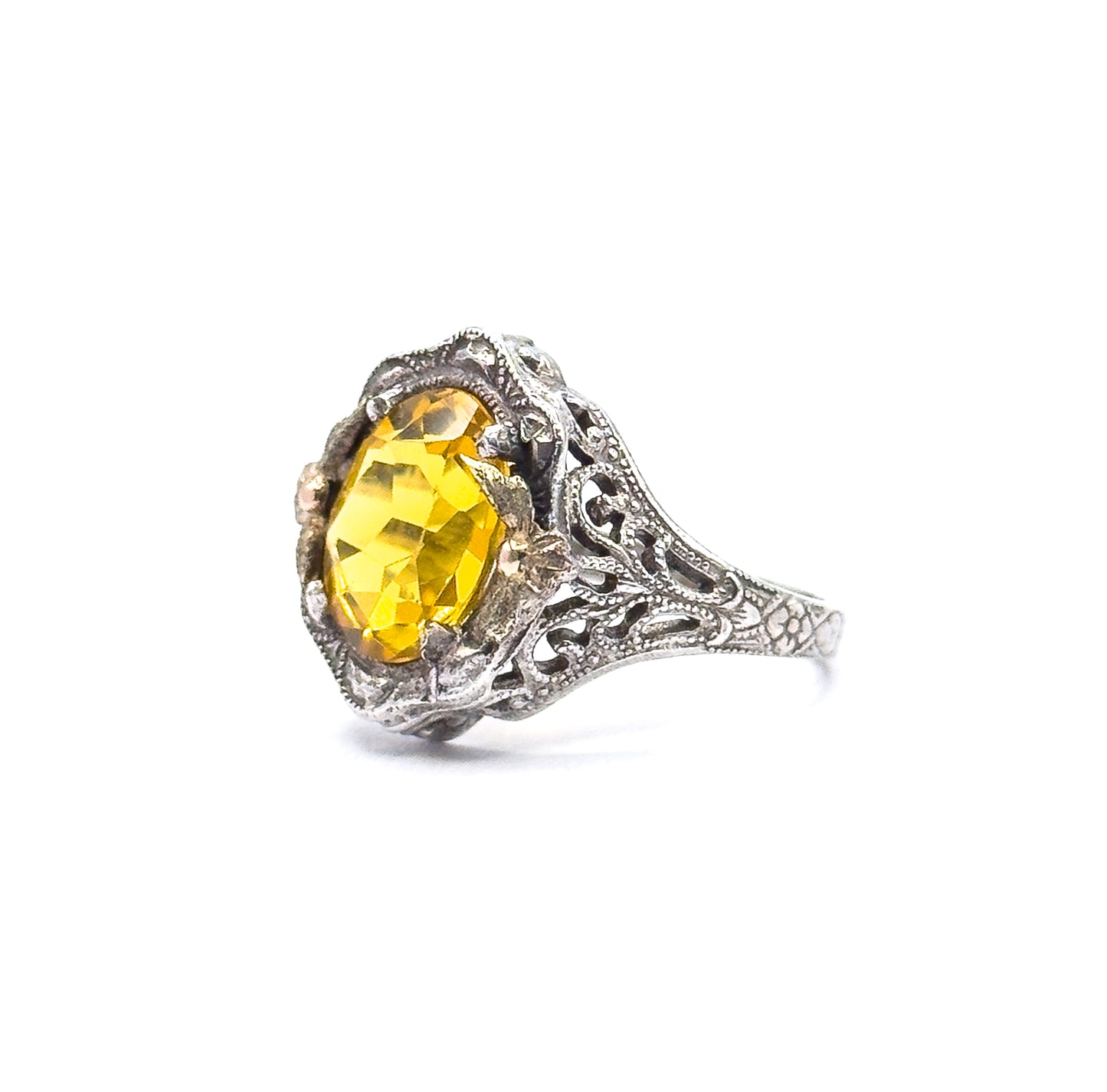 Mid-Century Golden Yellow Glass Ring in Sterling Silver