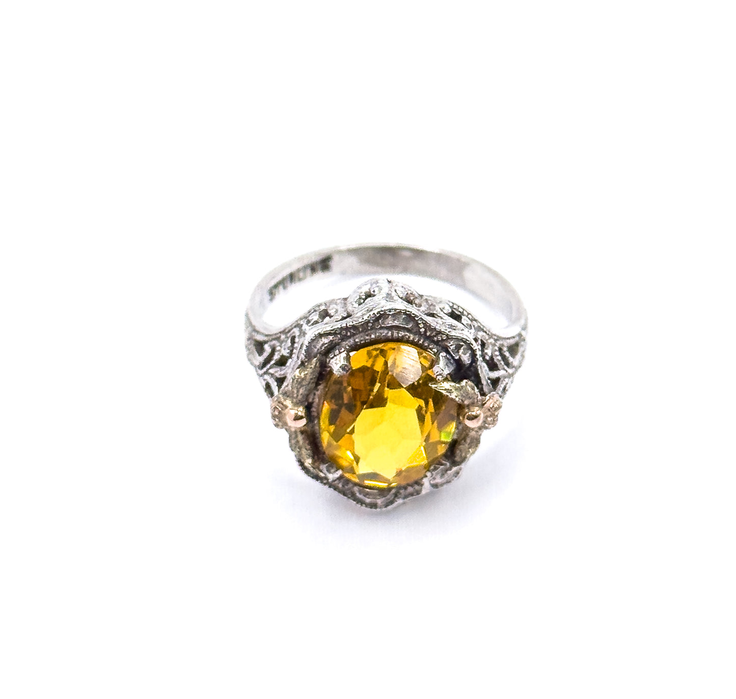 Mid-Century Golden Yellow Glass Ring in Sterling Silver