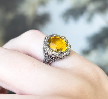 Mid-Century Golden Yellow Glass Ring in Sterling Silver