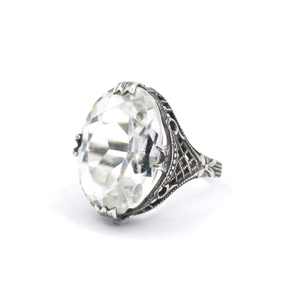 Art Deco Colorless Glass Filigree Ring in Sterling Silver - AS FOUND