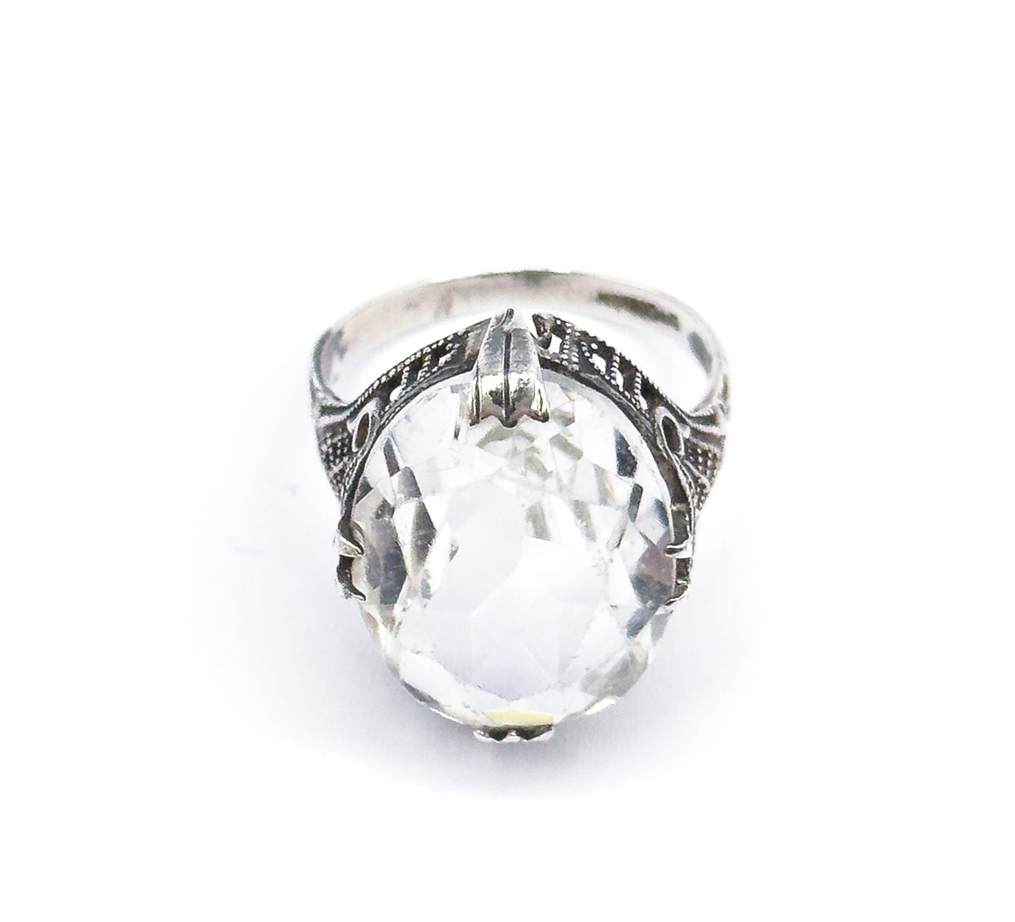 Art Deco Colorless Glass Filigree Ring in Sterling Silver - AS FOUND