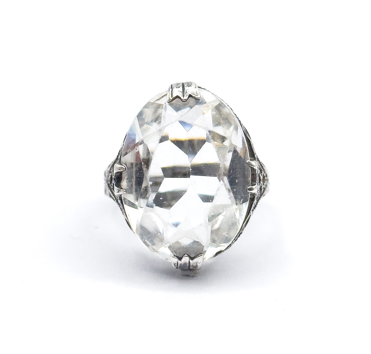 Art Deco Colorless Glass Filigree Ring in Sterling Silver - AS FOUND