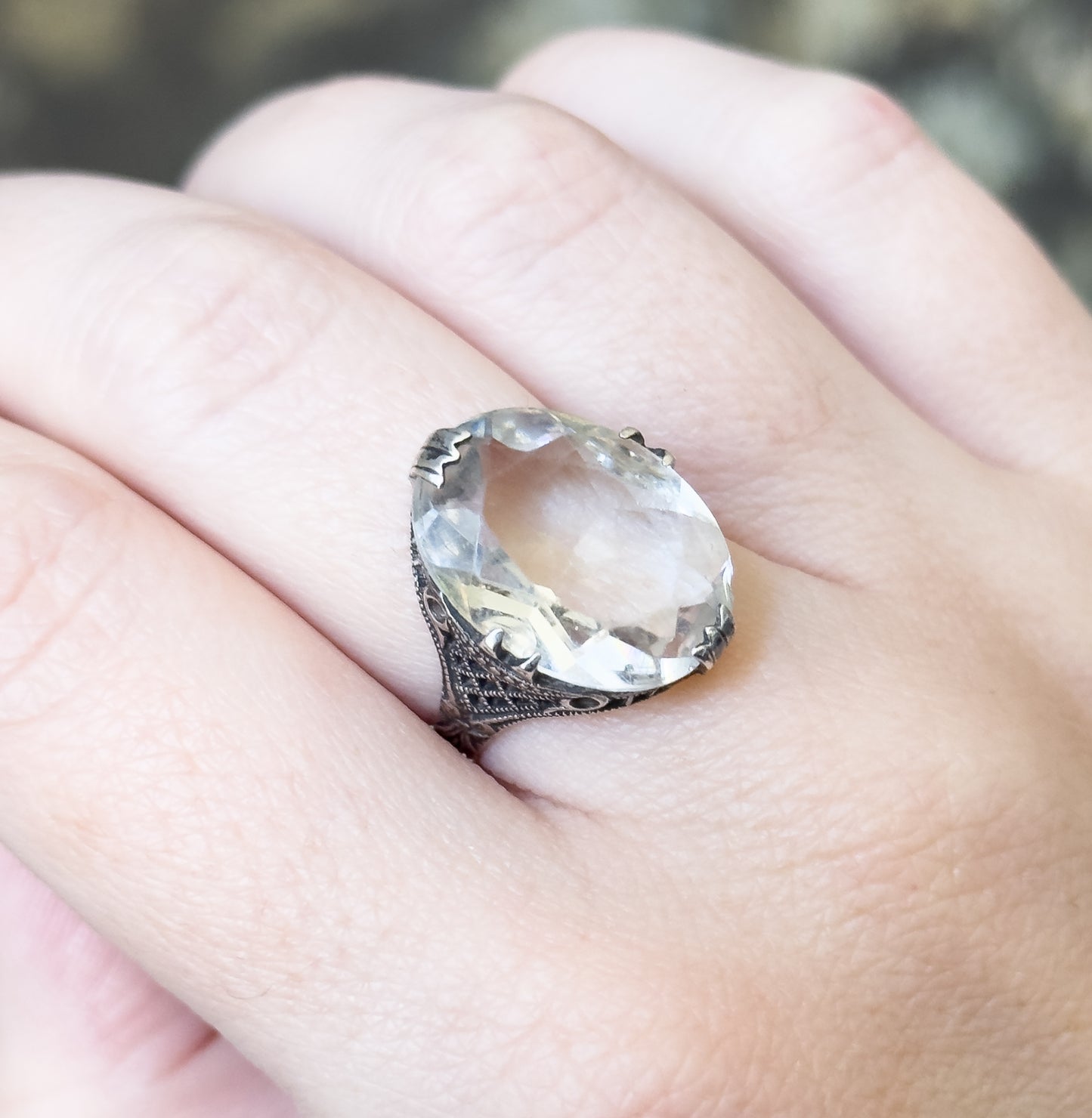 Art Deco Colorless Glass Filigree Ring in Sterling Silver - AS FOUND