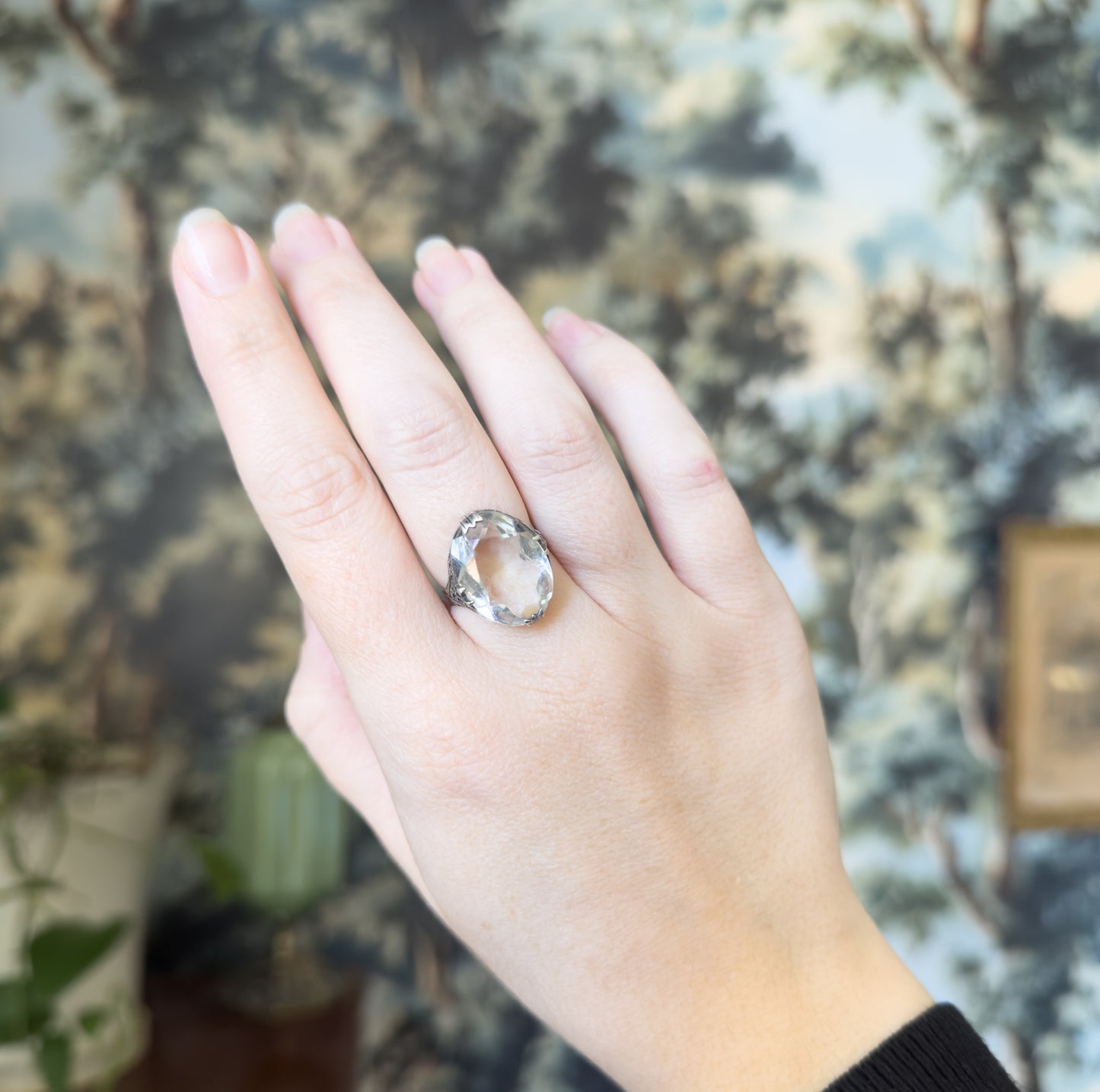 Art Deco Colorless Glass Filigree Ring in Sterling Silver - AS FOUND