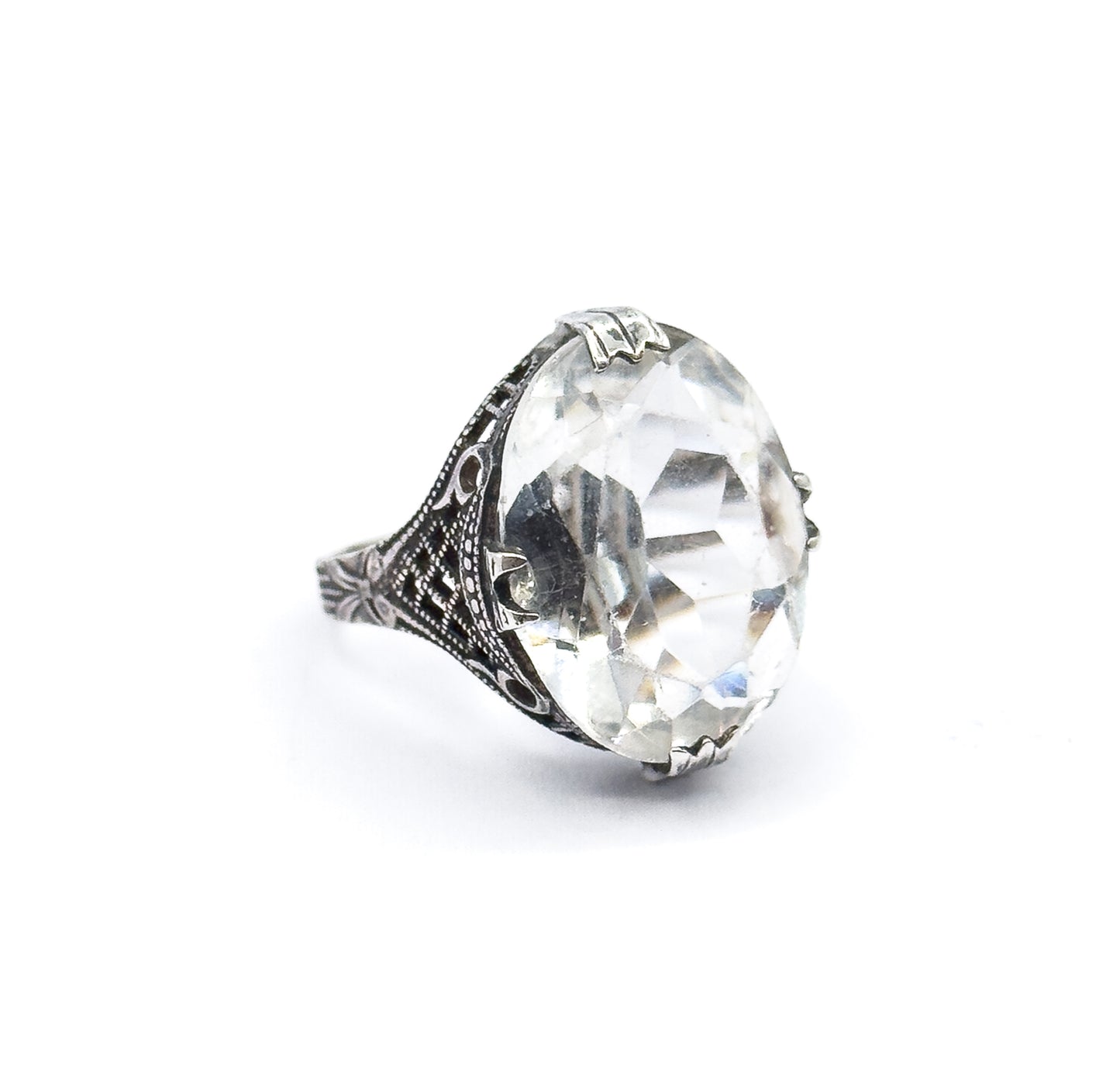 Art Deco Colorless Glass Filigree Ring in Sterling Silver - AS FOUND
