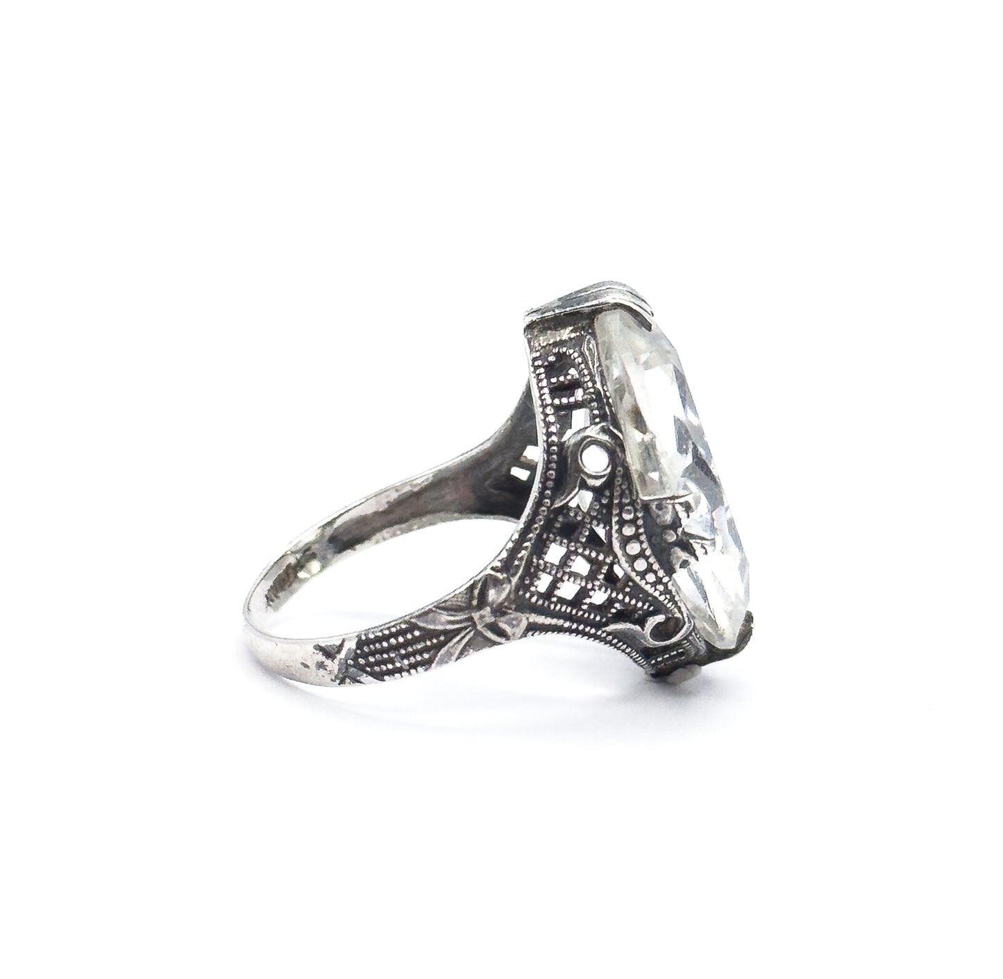 Art Deco Colorless Glass Filigree Ring in Sterling Silver - AS FOUND