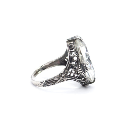 Art Deco Colorless Glass Filigree Ring in Sterling Silver - AS FOUND