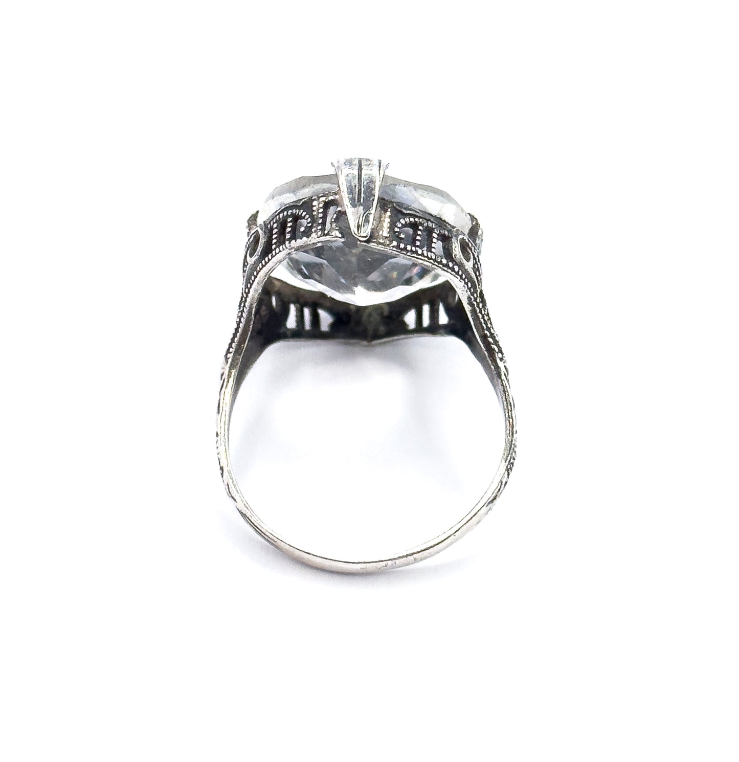 Art Deco Colorless Glass Filigree Ring in Sterling Silver - AS FOUND