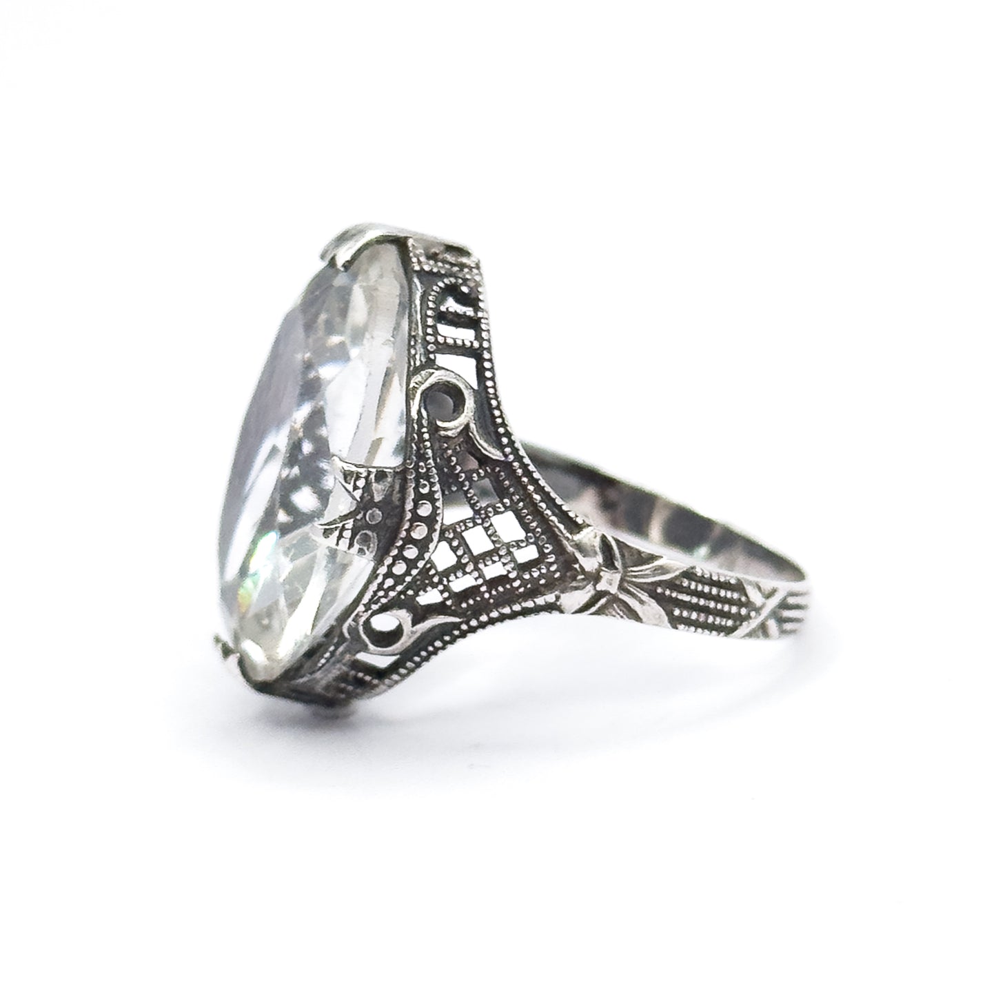 Art Deco Colorless Glass Filigree Ring in Sterling Silver - AS FOUND
