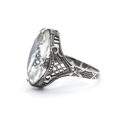 Art Deco Colorless Glass Filigree Ring in Sterling Silver - AS FOUND