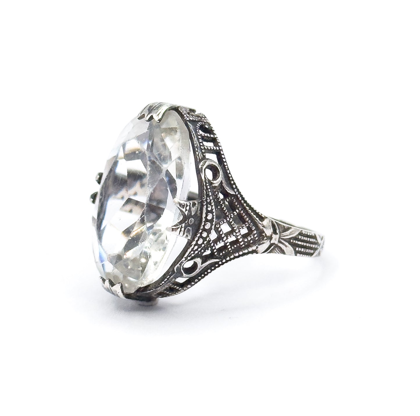 Art Deco Colorless Glass Filigree Ring in Sterling Silver - AS FOUND