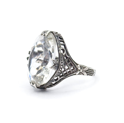 Art Deco Colorless Glass Filigree Ring in Sterling Silver - AS FOUND