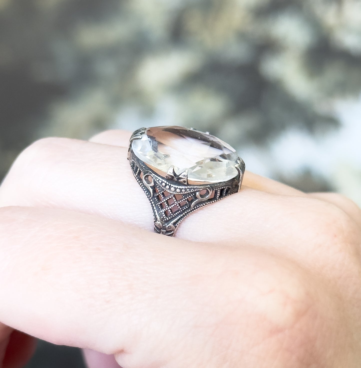 Art Deco Colorless Glass Filigree Ring in Sterling Silver - AS FOUND
