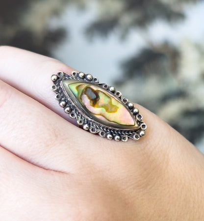 Mid-Century Mother of Pearl Marquise Ring in Sterling Silver