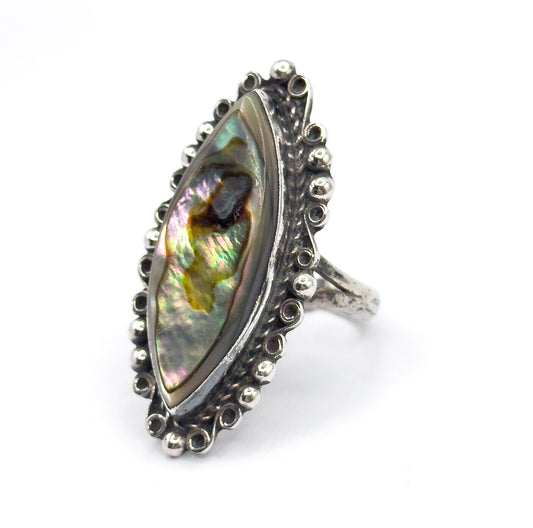 Mid-Century Mother of Pearl Marquise Ring in Sterling Silver