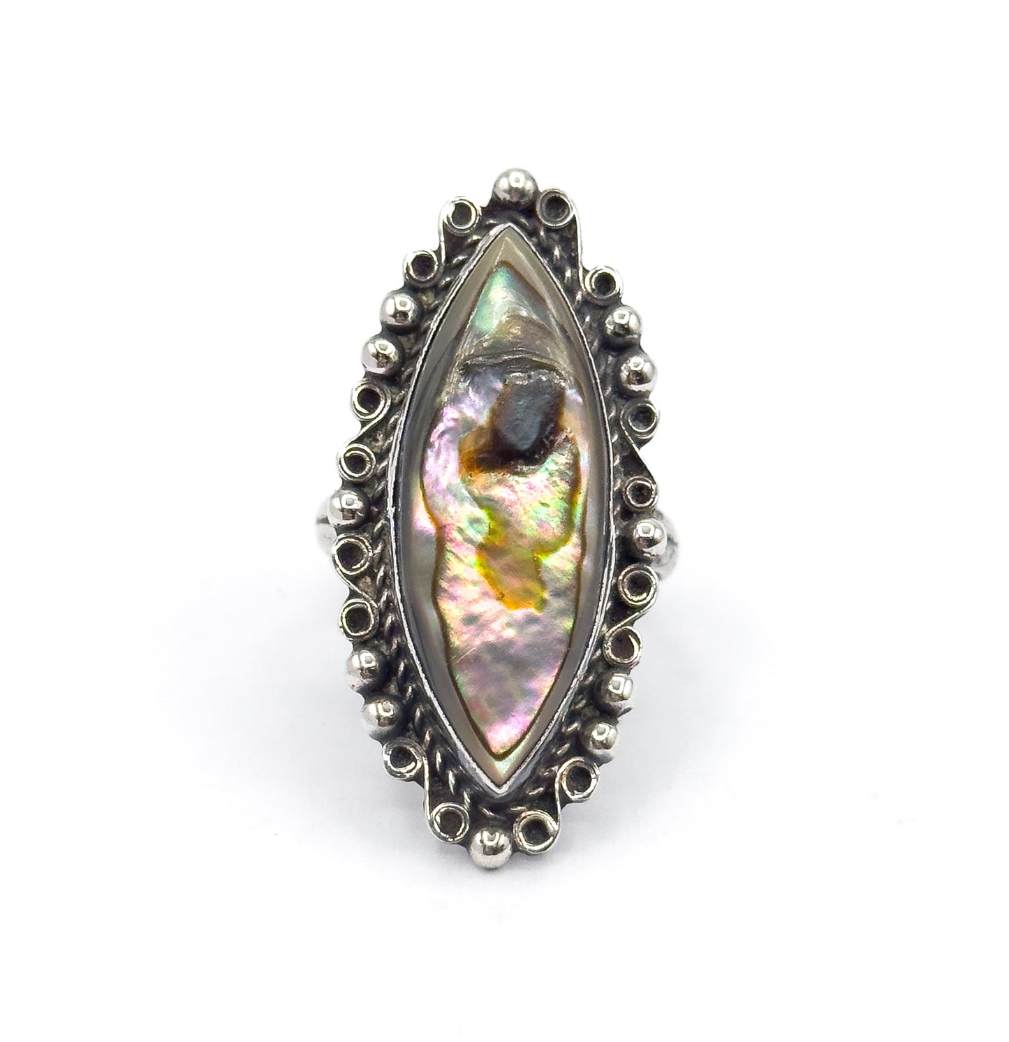 Mid-Century Mother of Pearl Marquise Ring in Sterling Silver