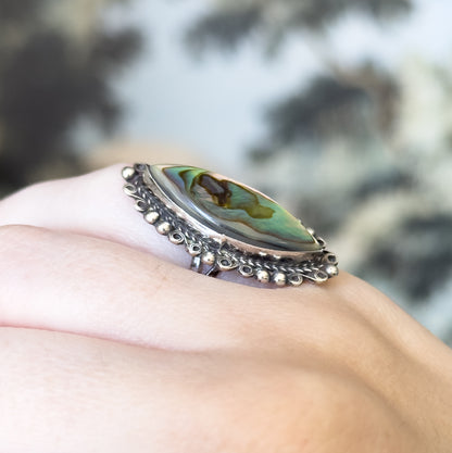 Mid-Century Mother of Pearl Marquise Ring in Sterling Silver