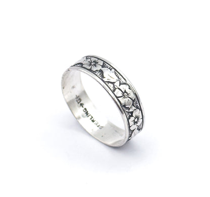 Vintage Floral Wide Band Ring in Sterling Silver