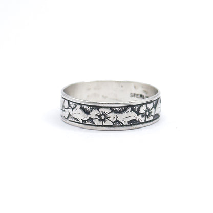Vintage Floral Wide Band Ring in Sterling Silver