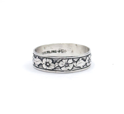 Vintage Floral Wide Band Ring in Sterling Silver