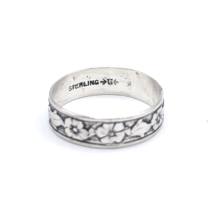 Vintage Floral Wide Band Ring in Sterling Silver