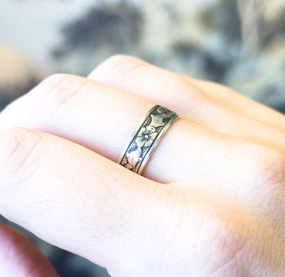 Vintage Floral Wide Band Ring in Sterling Silver