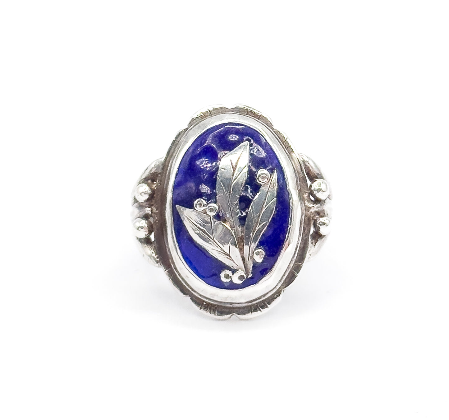Vintage Blue Enamel Leaf & Berry Ring in Sterling Silver