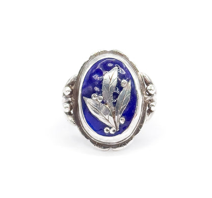 Vintage Blue Enamel Leaf & Berry Ring in Sterling Silver