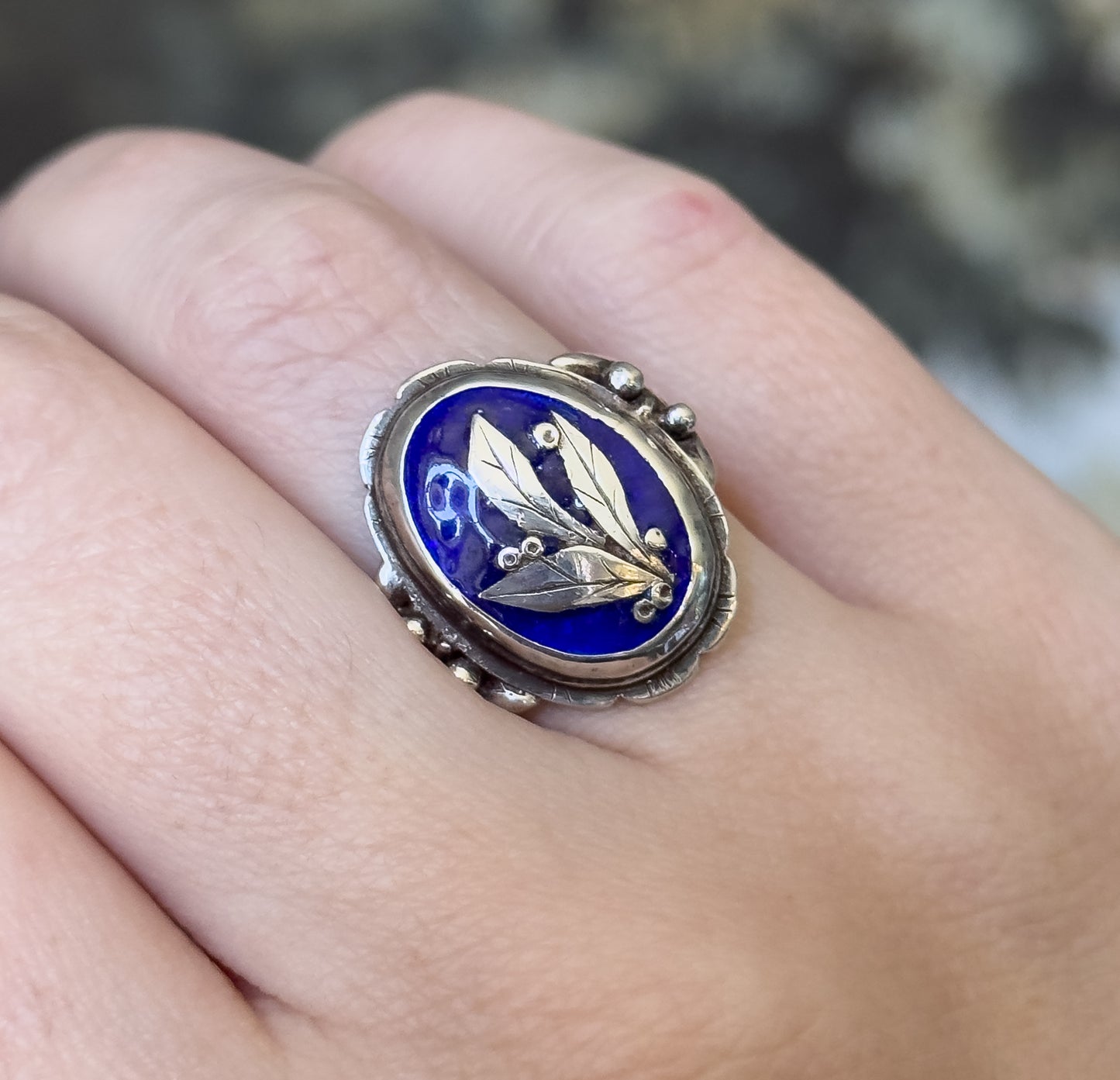 Vintage Blue Enamel Leaf & Berry Ring in Sterling Silver