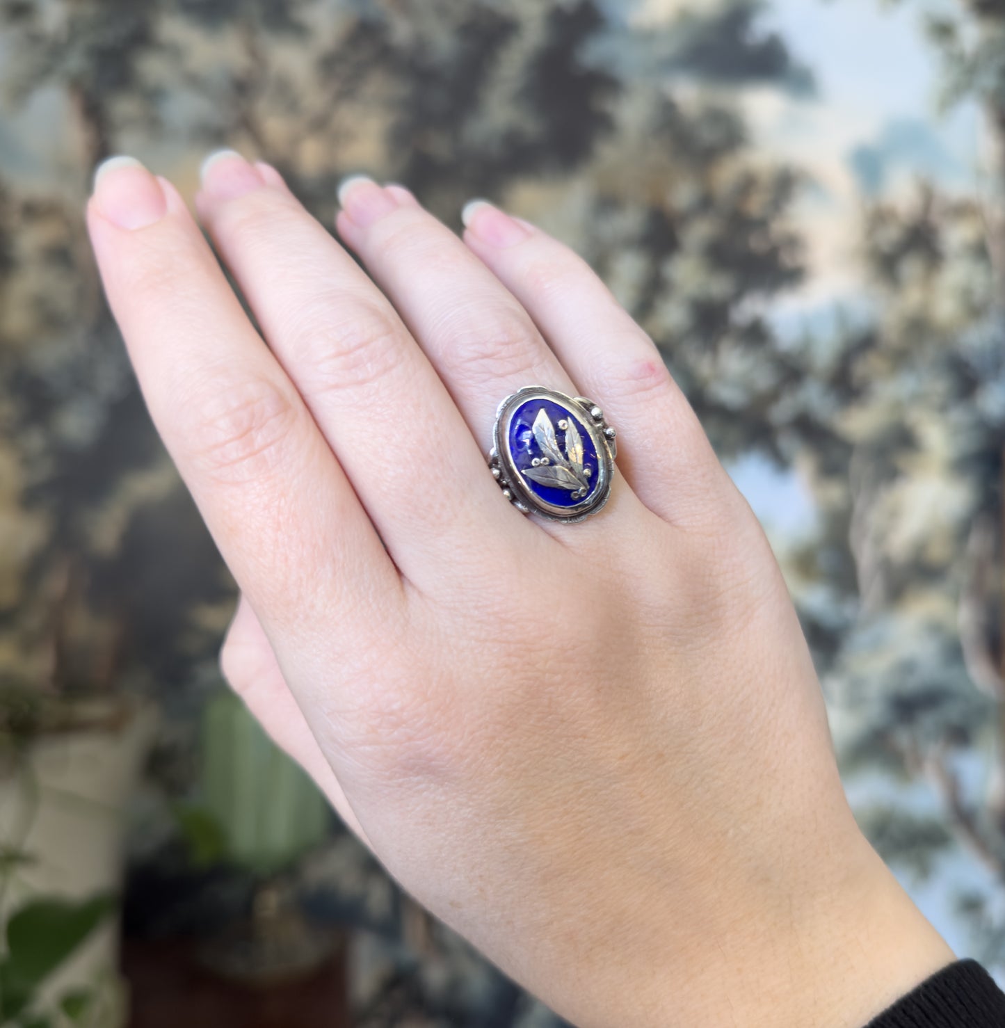 Vintage Blue Enamel Leaf & Berry Ring in Sterling Silver
