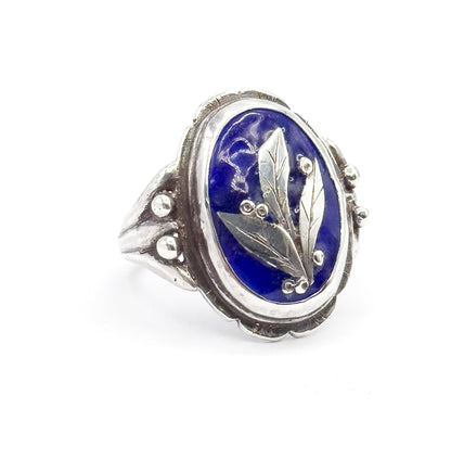 Vintage Blue Enamel Leaf & Berry Ring in Sterling Silver