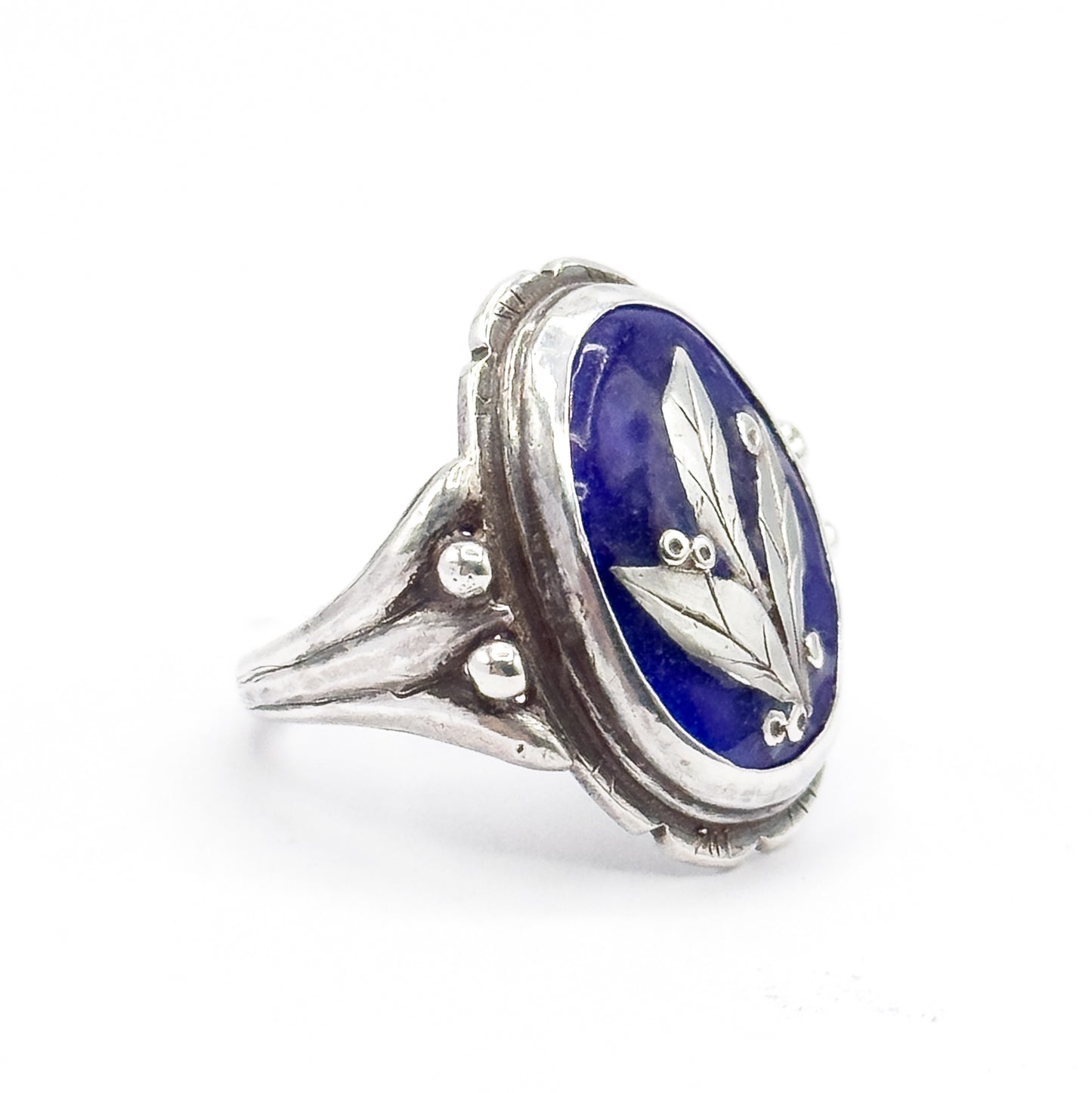 Vintage Blue Enamel Leaf & Berry Ring in Sterling Silver
