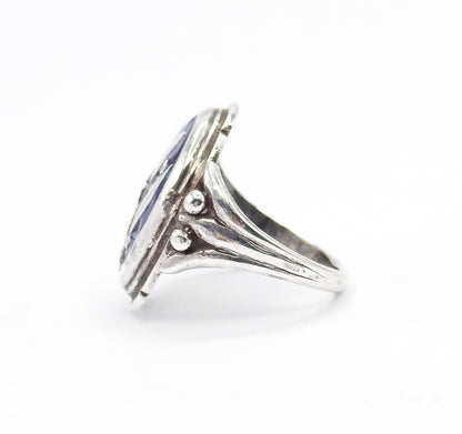 Vintage Blue Enamel Leaf & Berry Ring in Sterling Silver