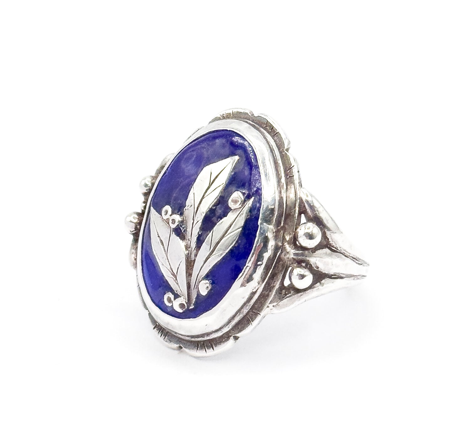 Vintage Blue Enamel Leaf & Berry Ring in Sterling Silver