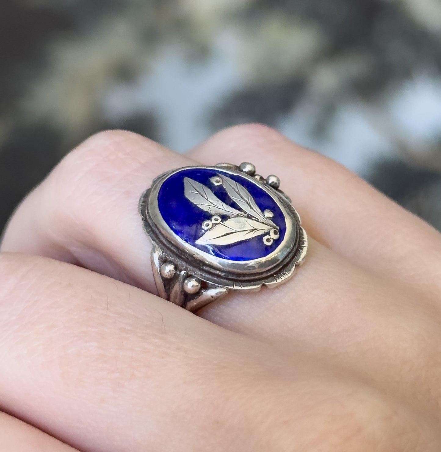 Vintage Blue Enamel Leaf & Berry Ring in Sterling Silver