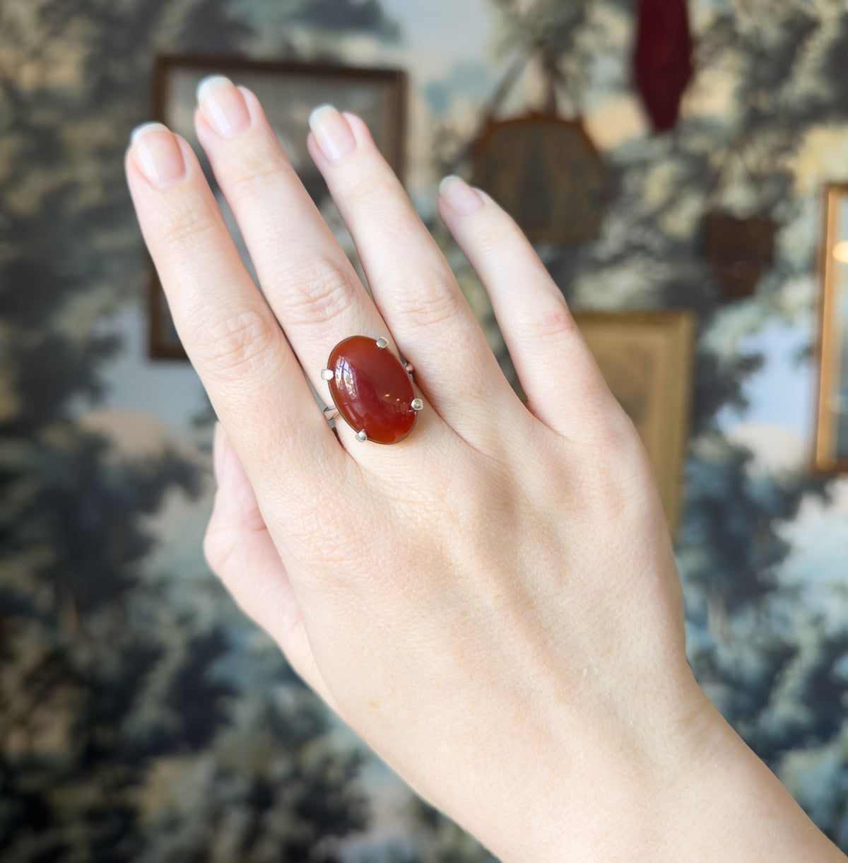The whole back of the hand is shown against a blurred painted backdrop, the ring on the ring finger giving a sense of its scale across the finger.