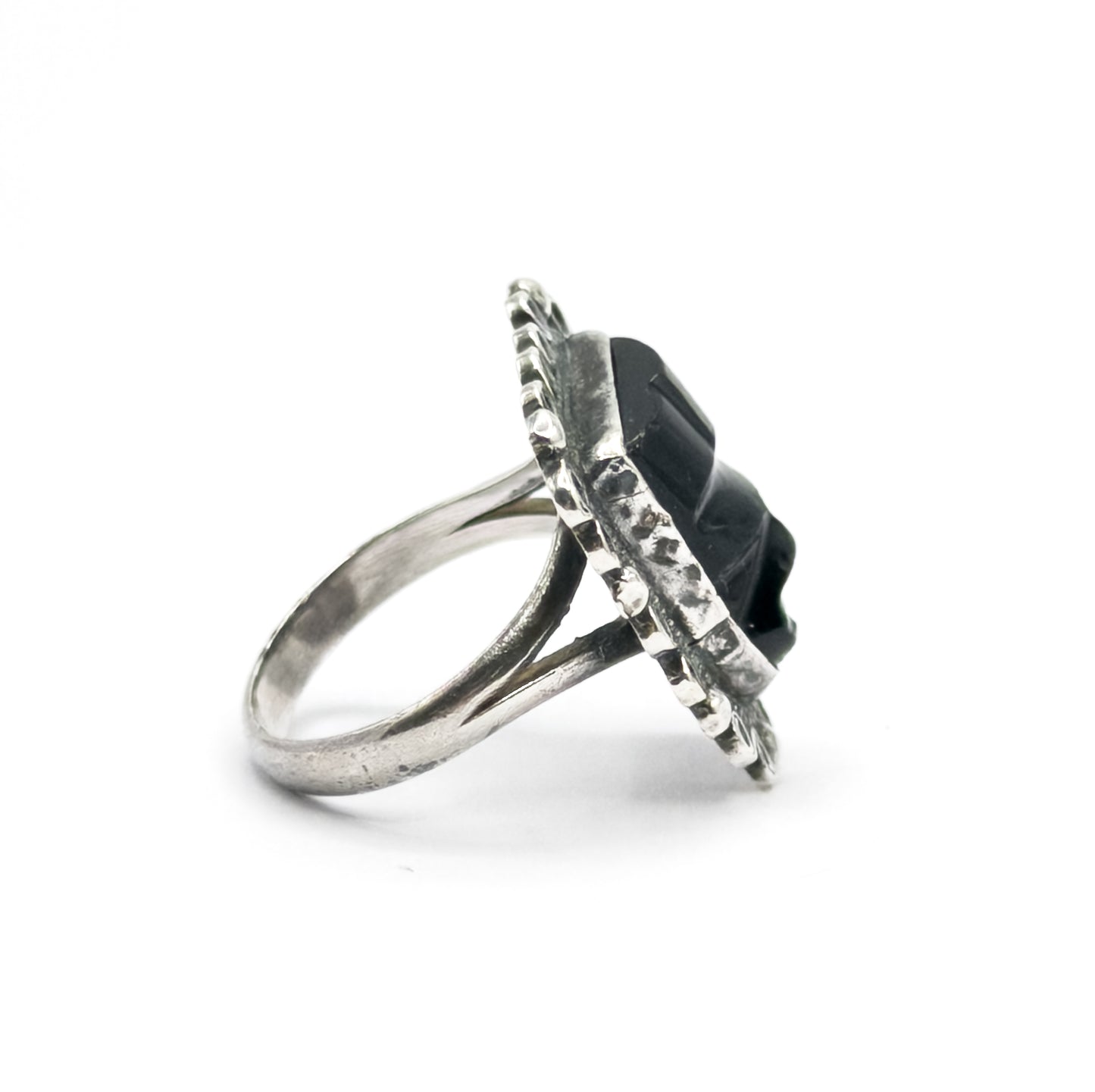 Mid-Century Mexican Onyx Face Shield Ring in Sterling Silver