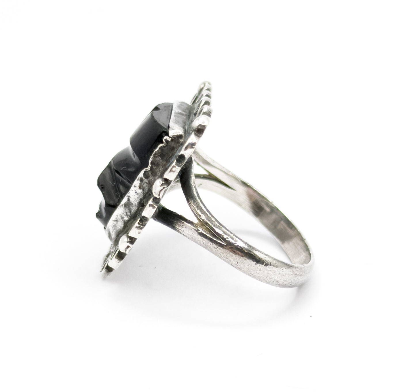 Mid-Century Mexican Onyx Face Shield Ring in Sterling Silver