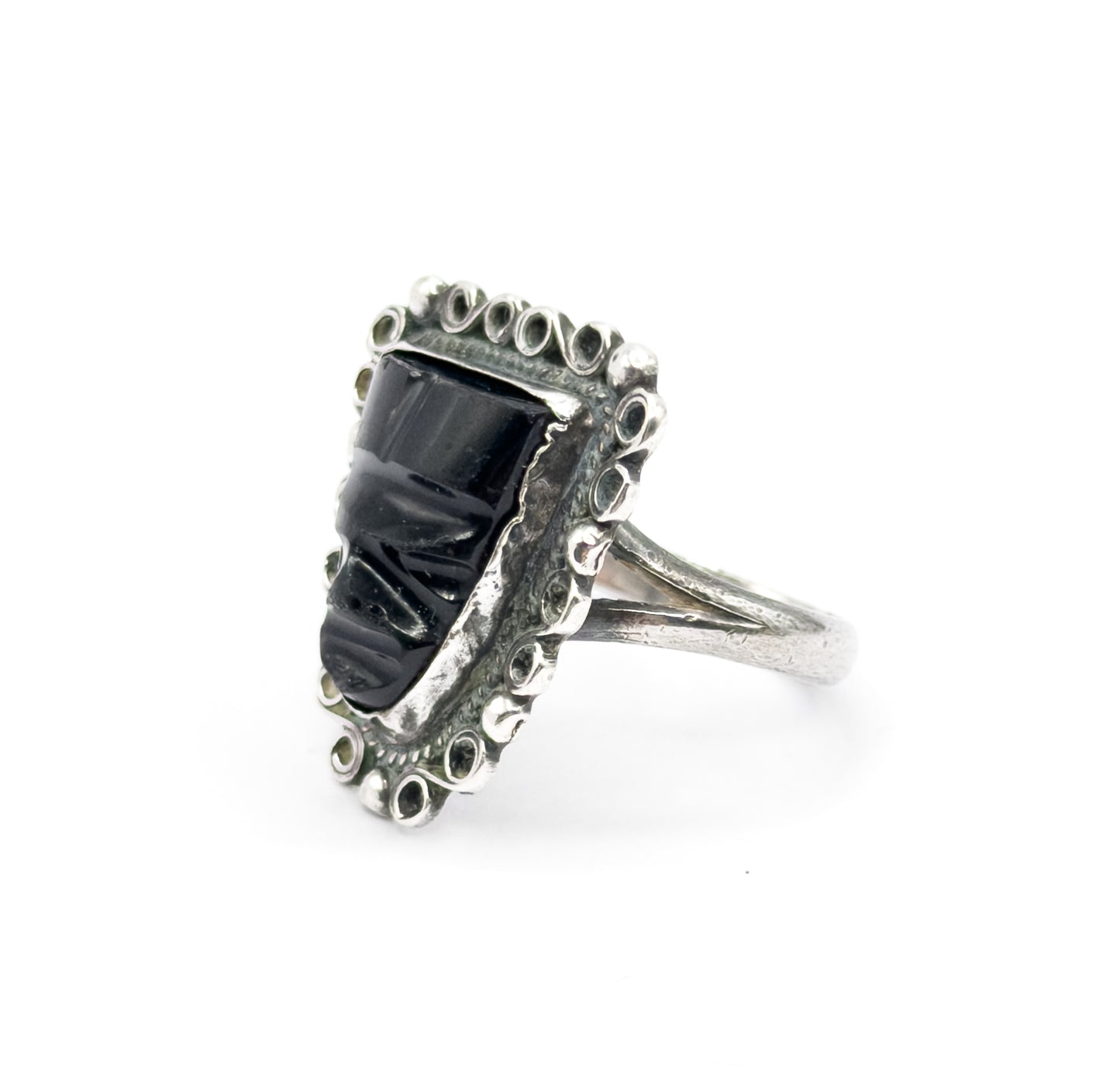 Mid-Century Mexican Onyx Face Shield Ring in Sterling Silver