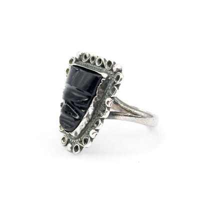 Mid-Century Mexican Onyx Face Shield Ring in Sterling Silver