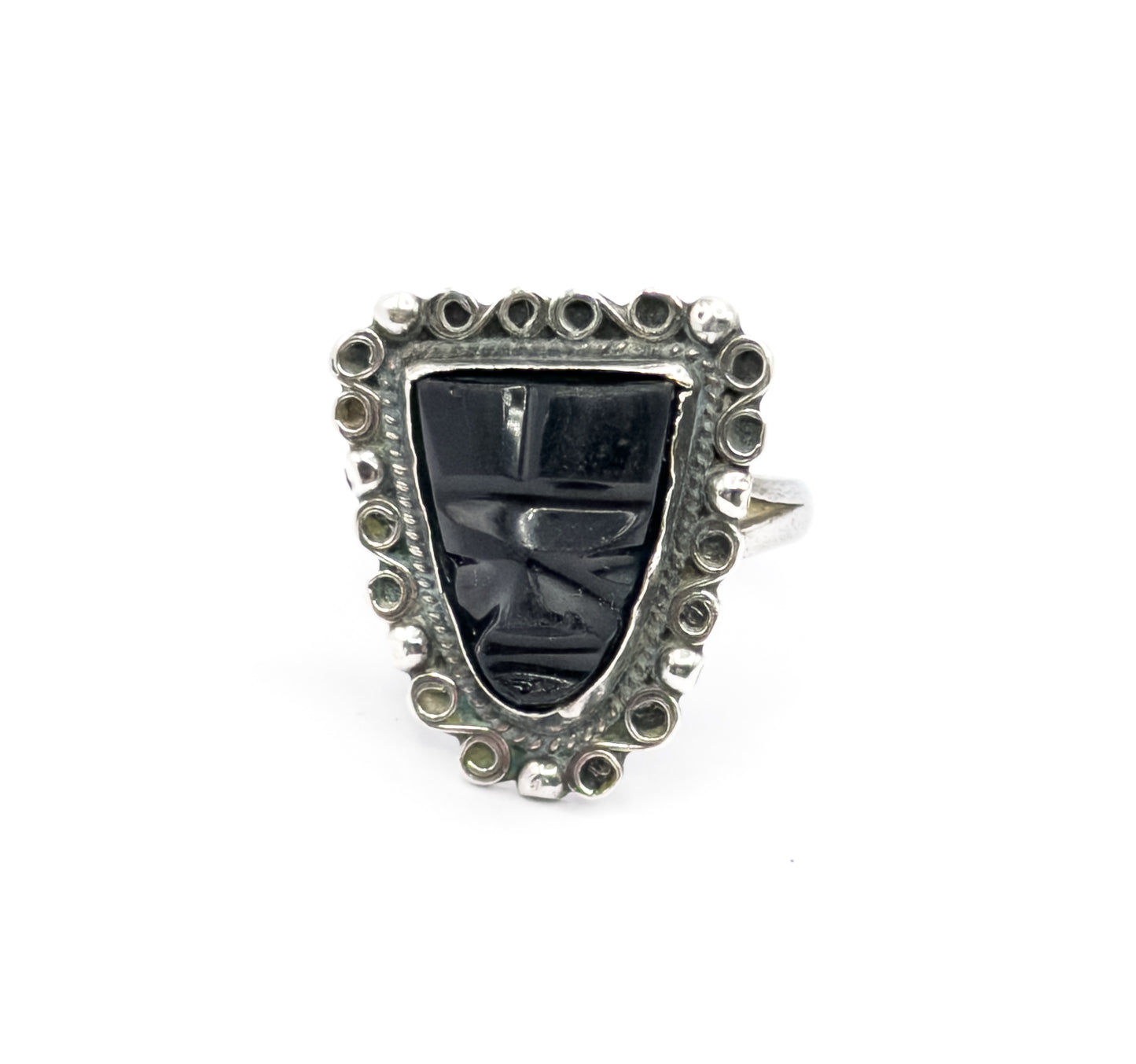 Mid-Century Mexican Onyx Face Shield Ring in Sterling Silver